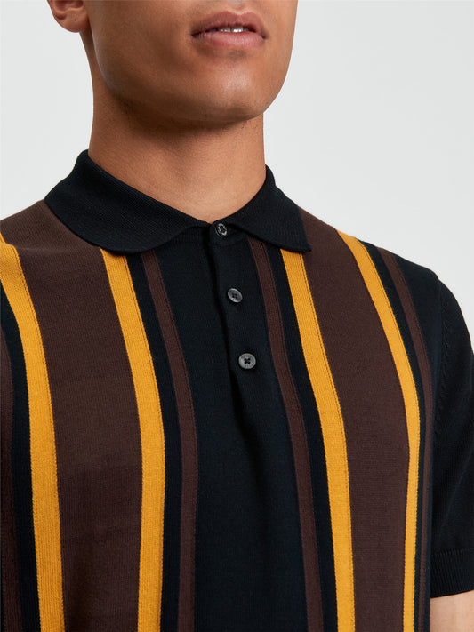Vertical Stripe Knitted Polo in Black