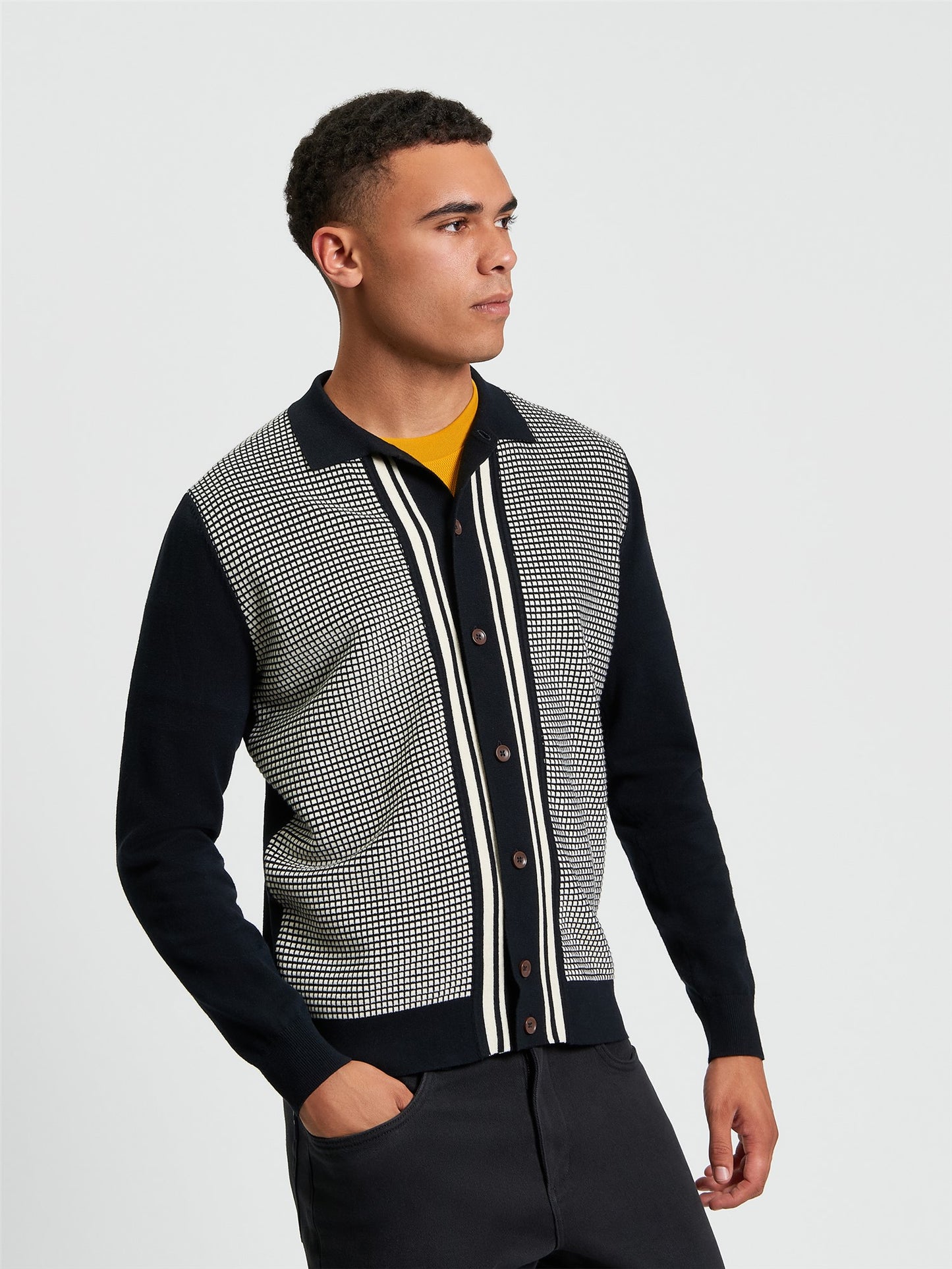 Bi Coloured Button Through Polo in Black