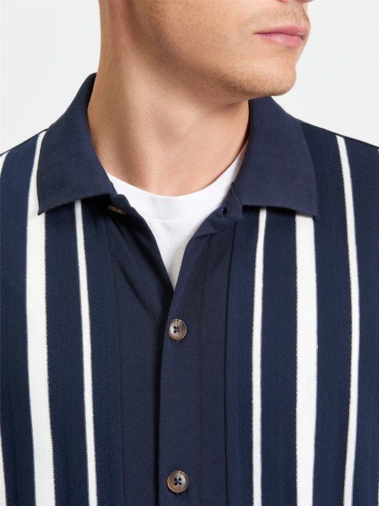 Button Through Stripe Knitted Polo in Dark Navy