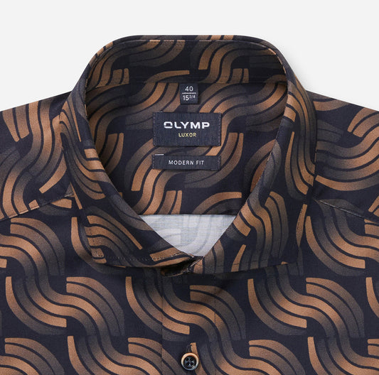 OLYMP Modern Fit Long Sleeve Shirt - Dark Brown Wave Print