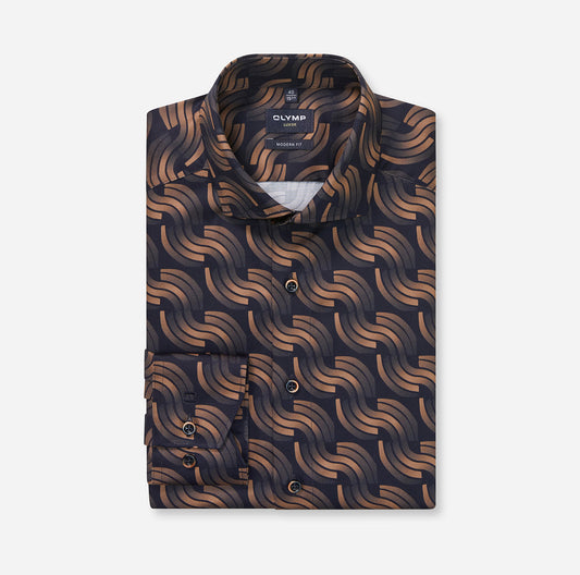 OLYMP Modern Fit Long Sleeve Shirt - Dark Brown Wave Print