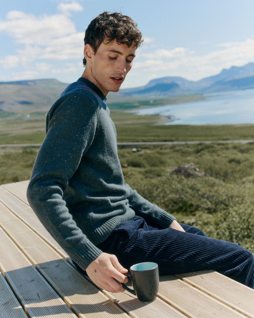Soft Wool-rich Knitted Crew Jumper - Green Fleck