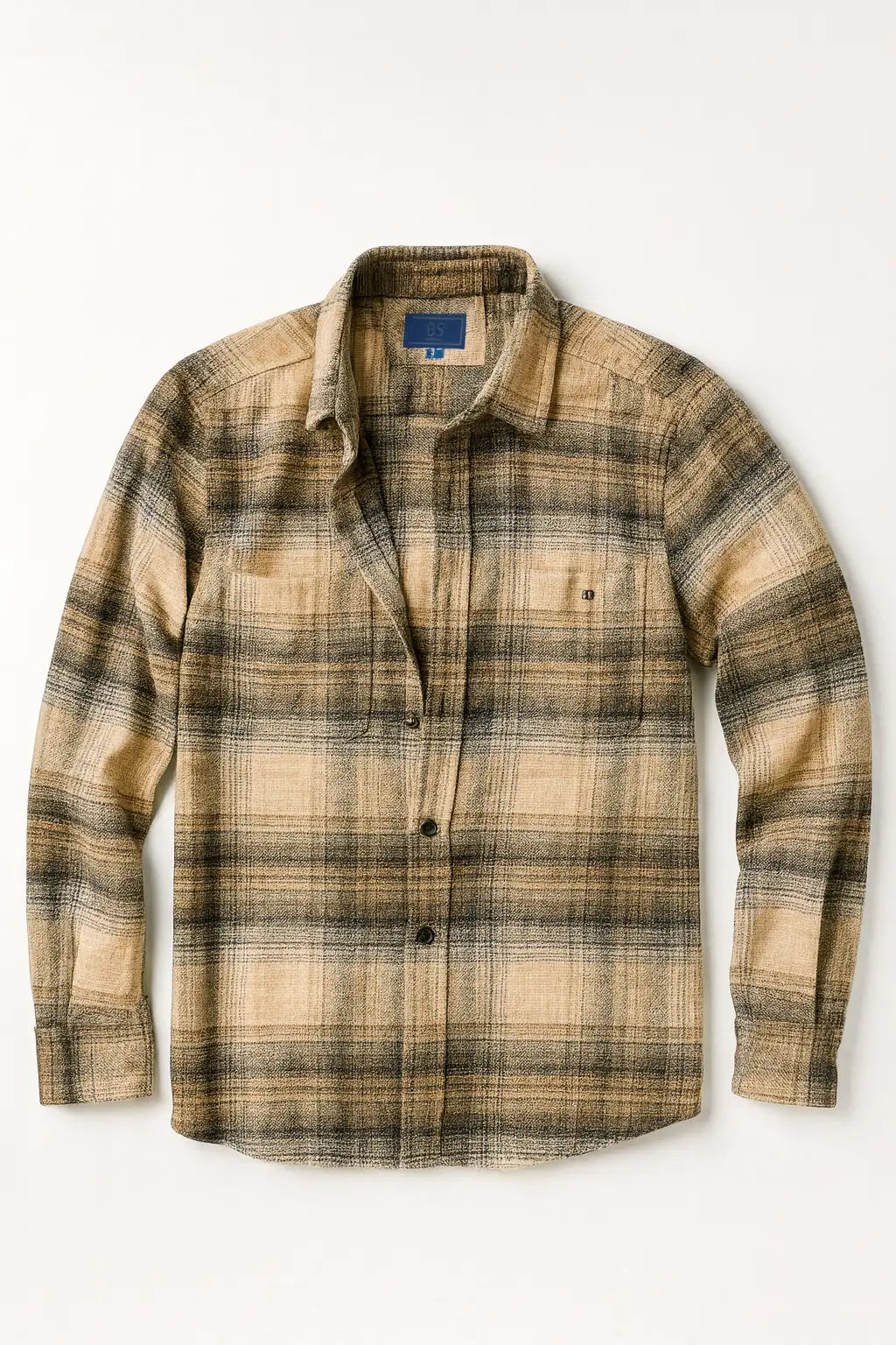 Brushed Flannel Over-Shirt - Beige Plaid Check