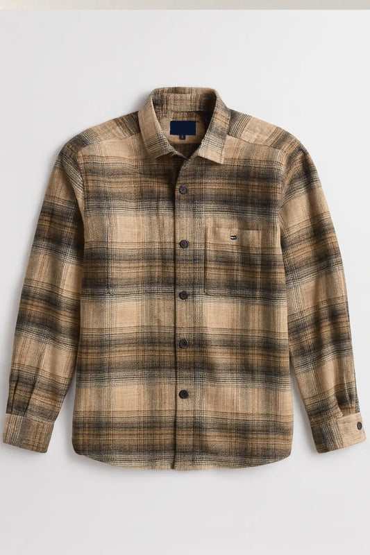 Brushed Flannel Over-Shirt - Beige Plaid Check