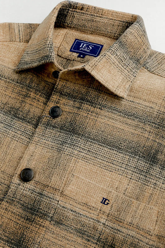 Brushed Flannel Over-Shirt - Beige Plaid Check