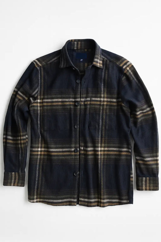 Brushed Flannel Over-Shirt - Navy Plaid Check