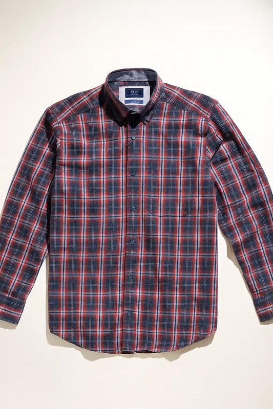 Button-Down Plaid Check Shirt - Red / Navy