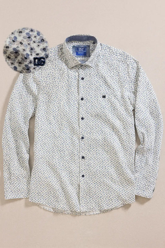 Micro Floral Print Pure Cotton Shirt - White / Blue / Grey