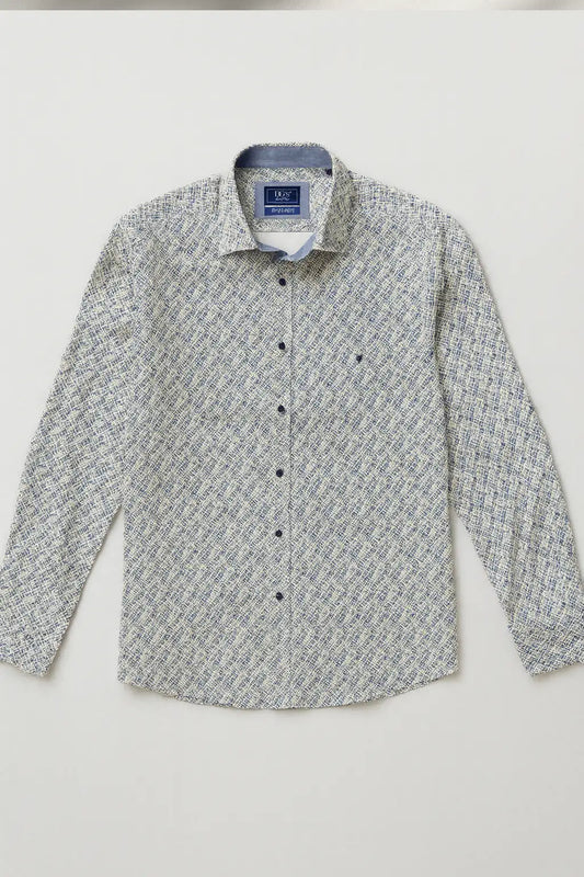 Pure Cotton Geometric Print Shirt - White / Navy / Tan
