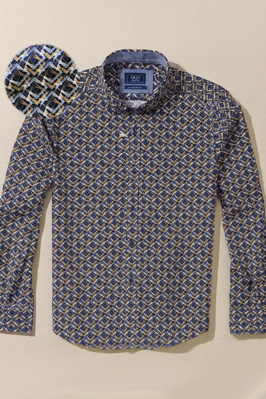 Geometric Pattern Button-Down Shirt - Navy / Gold