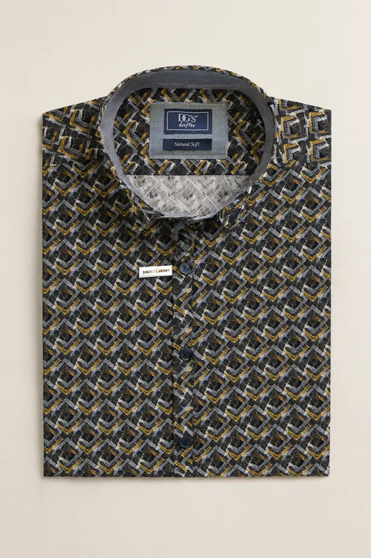 Geometric Pattern Button-Down Shirt - Navy / Gold