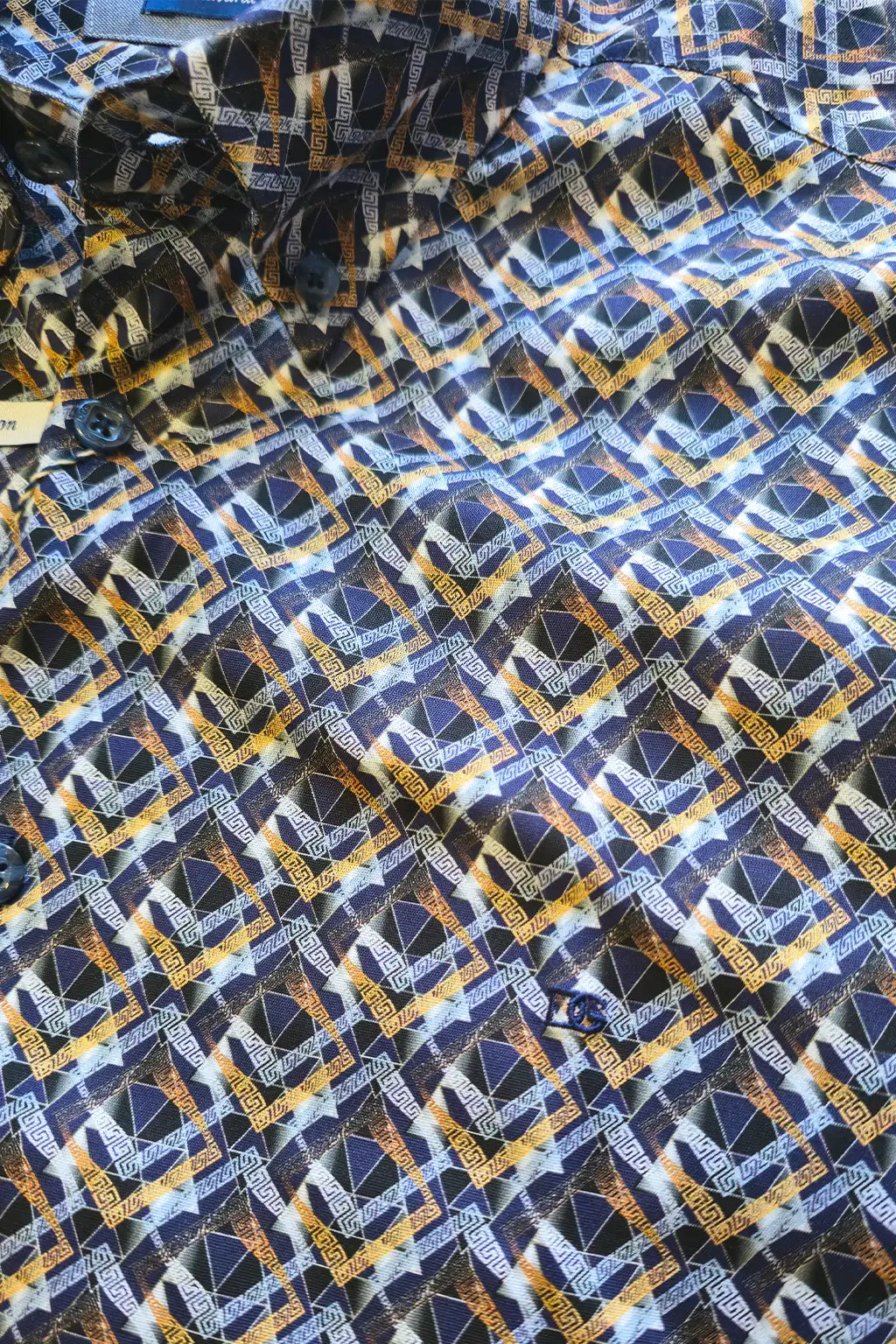 Geometric Pattern Button-Down Shirt - Navy / Gold