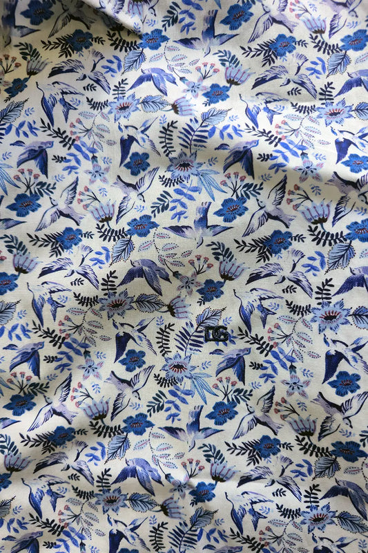 Bird & Floral Print Shirt - White / Blue