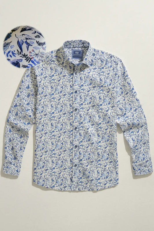 Bird & Floral Print Shirt - White / Blue