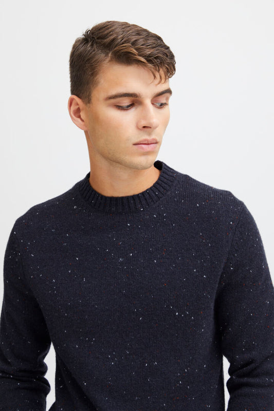 Soft Wool-rich Knitted Crew Jumper - Navy Fleck