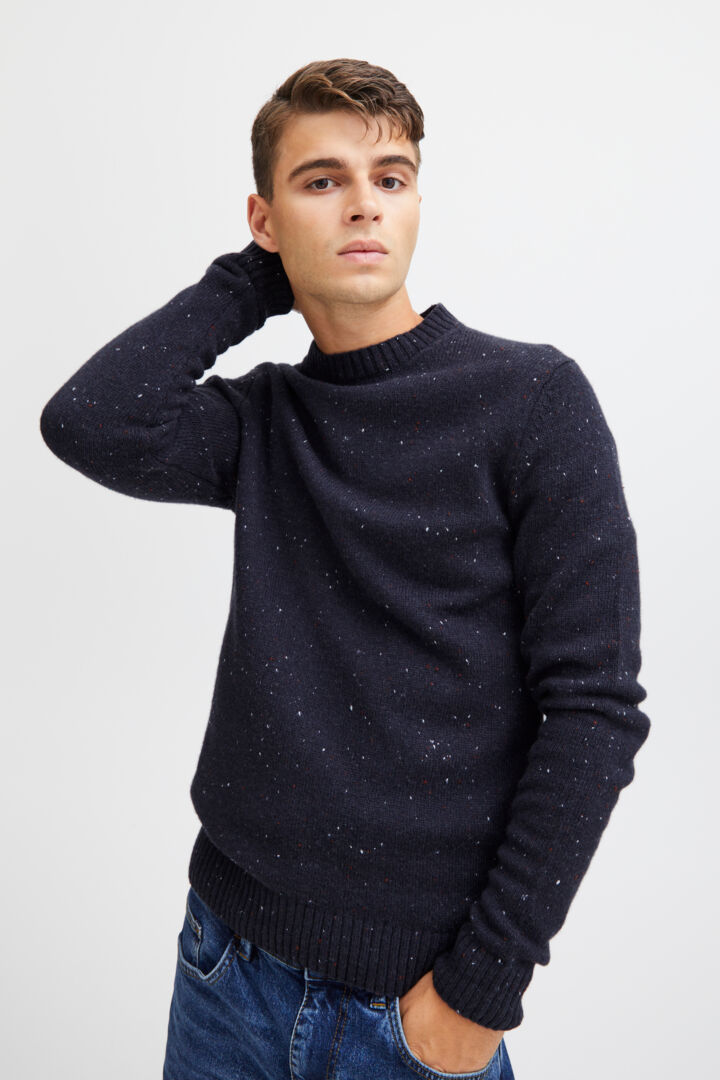 Soft Wool-rich Knitted Crew Jumper - Navy Fleck
