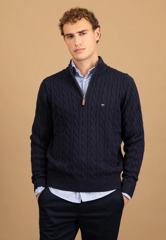 Pure-cotton Cable Knit Quarter Zip Jumper - Navy