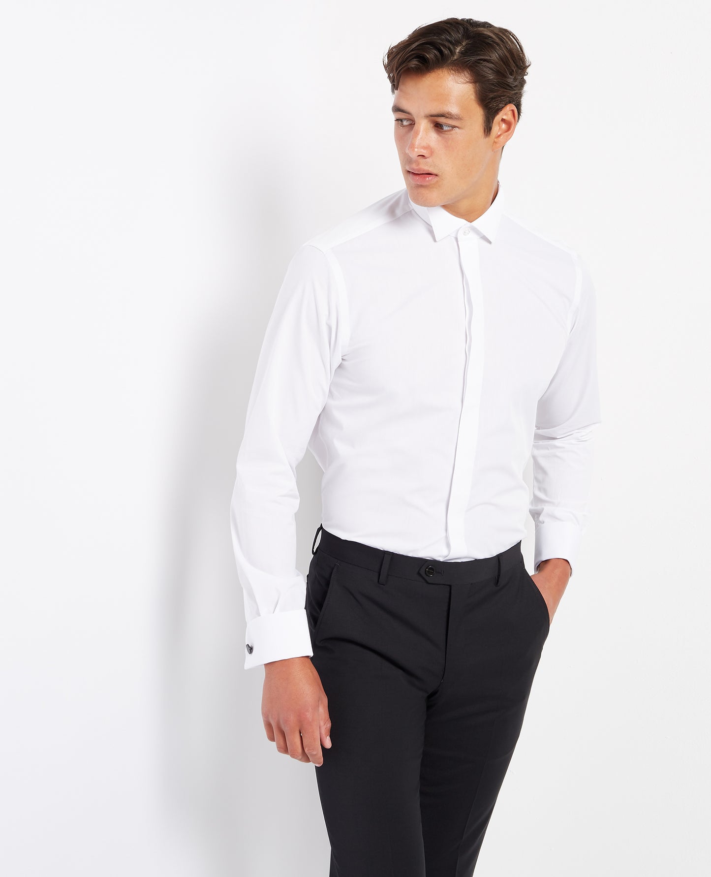 Tapered Fit Wing Collar Double Cuff Shirt - White