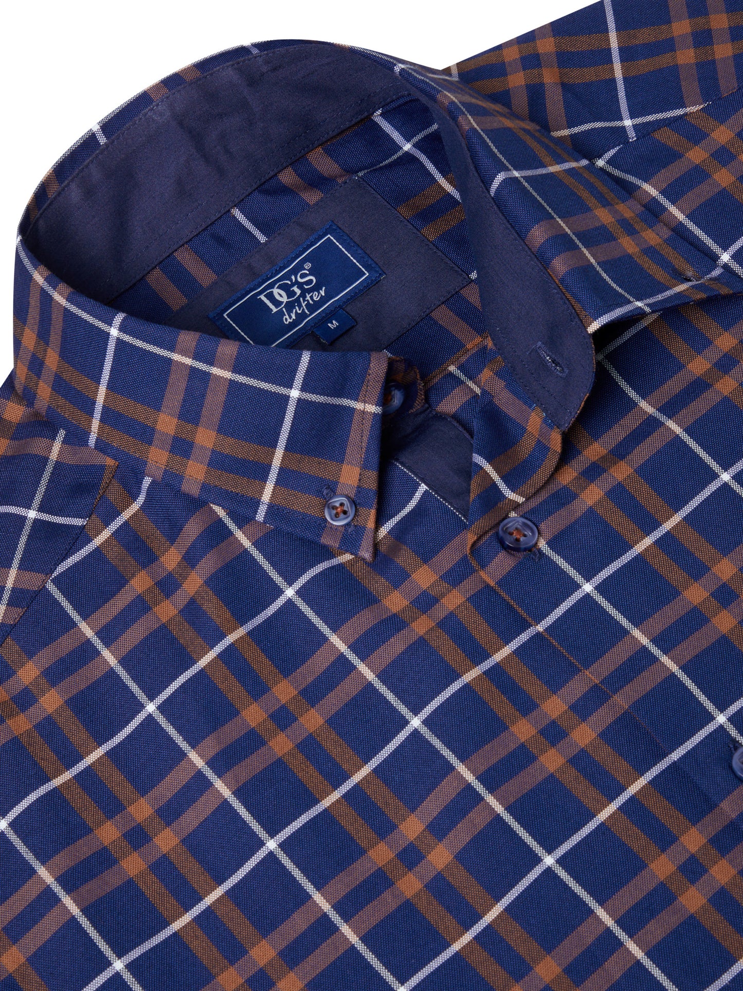 Cotton-Rich Button-Down Long-Sleeve Shirt - Navy & Burnt Orange Check