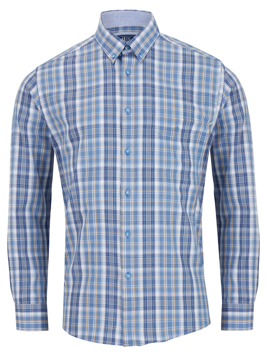 Pure Cotton Button-Down Long-Sleeve Shirt - Blue Check