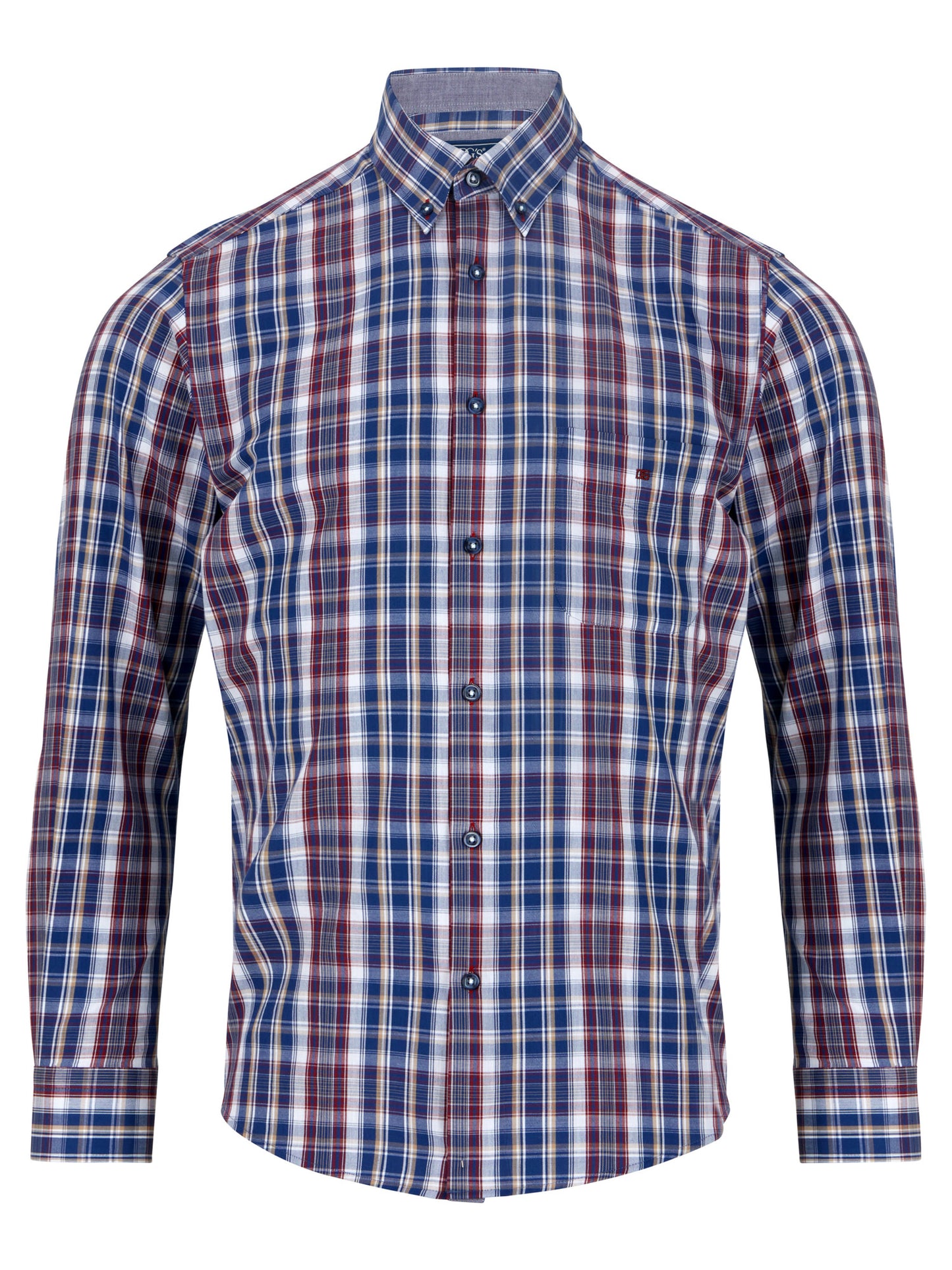 Pure Cotton Button-Down Long-Sleeve Shirt - Blue & Red Check