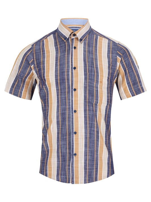 Pure Cotton Button-Down Short-Sleeve Shirt - Tan/ Navy