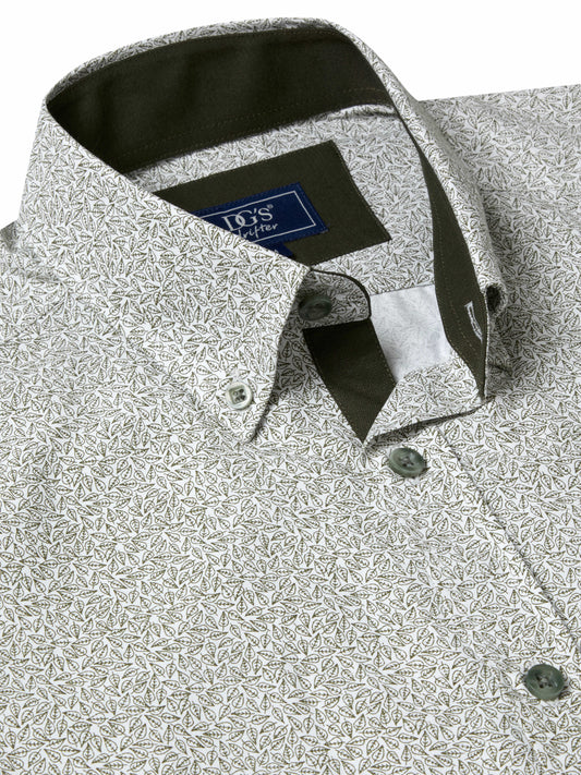 Button-Down Fine Leaf Print Shirt - White / Green