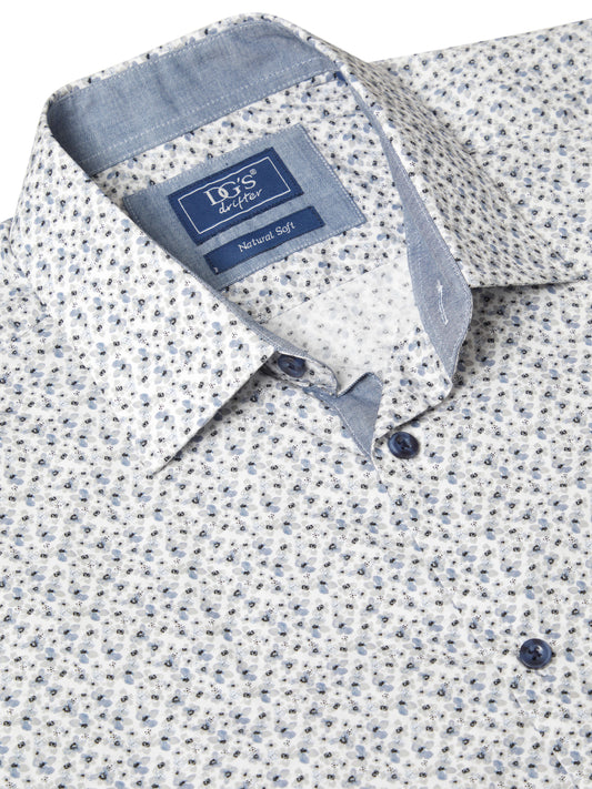 Micro Floral Print Pure Cotton Shirt - White / Blue / Grey
