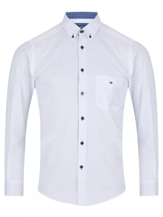 Cotton-Blend Long-Sleeve Casual Shirt - White with Navy Buttons