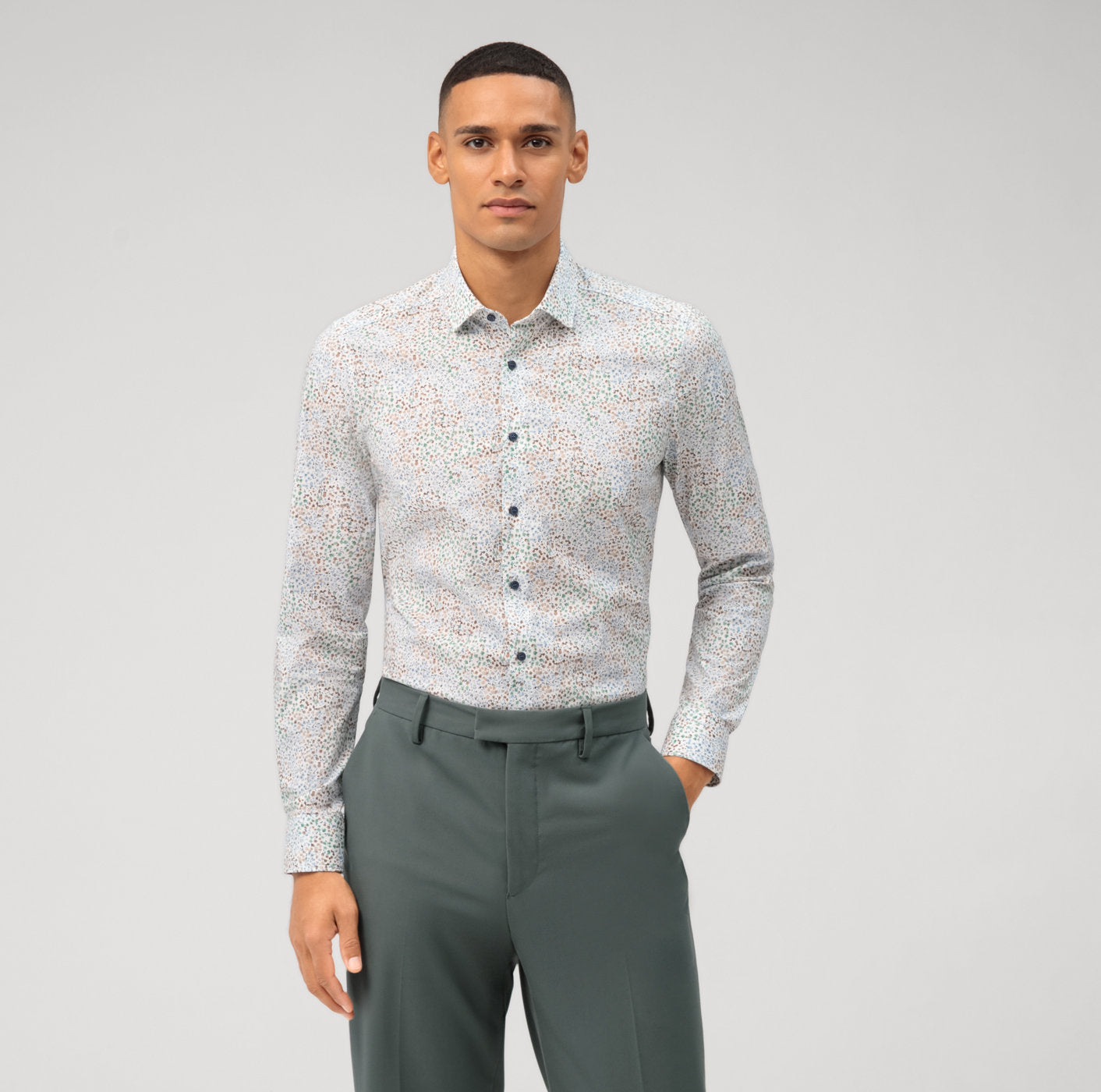 OLYMP Luxor Body Fit, Business Shirt, Global Kent, Green Floral