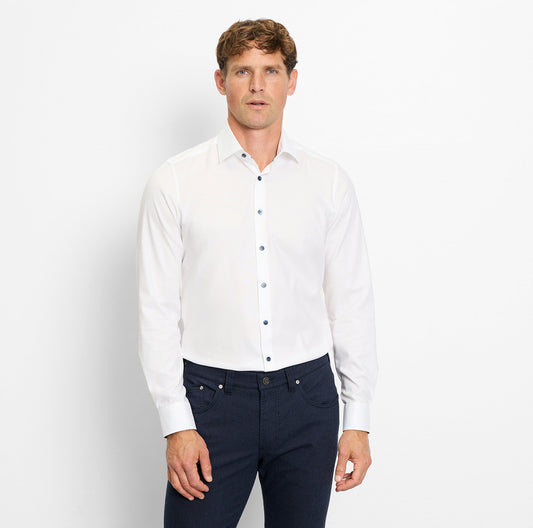 OLYMP Body Fit Plain Long Sleeve Shirt - White w/ Navy Details