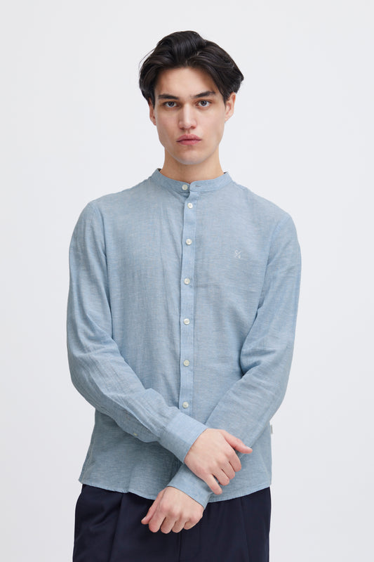 CFANTON Grandad Collar Linen Mix Shirt - Blue