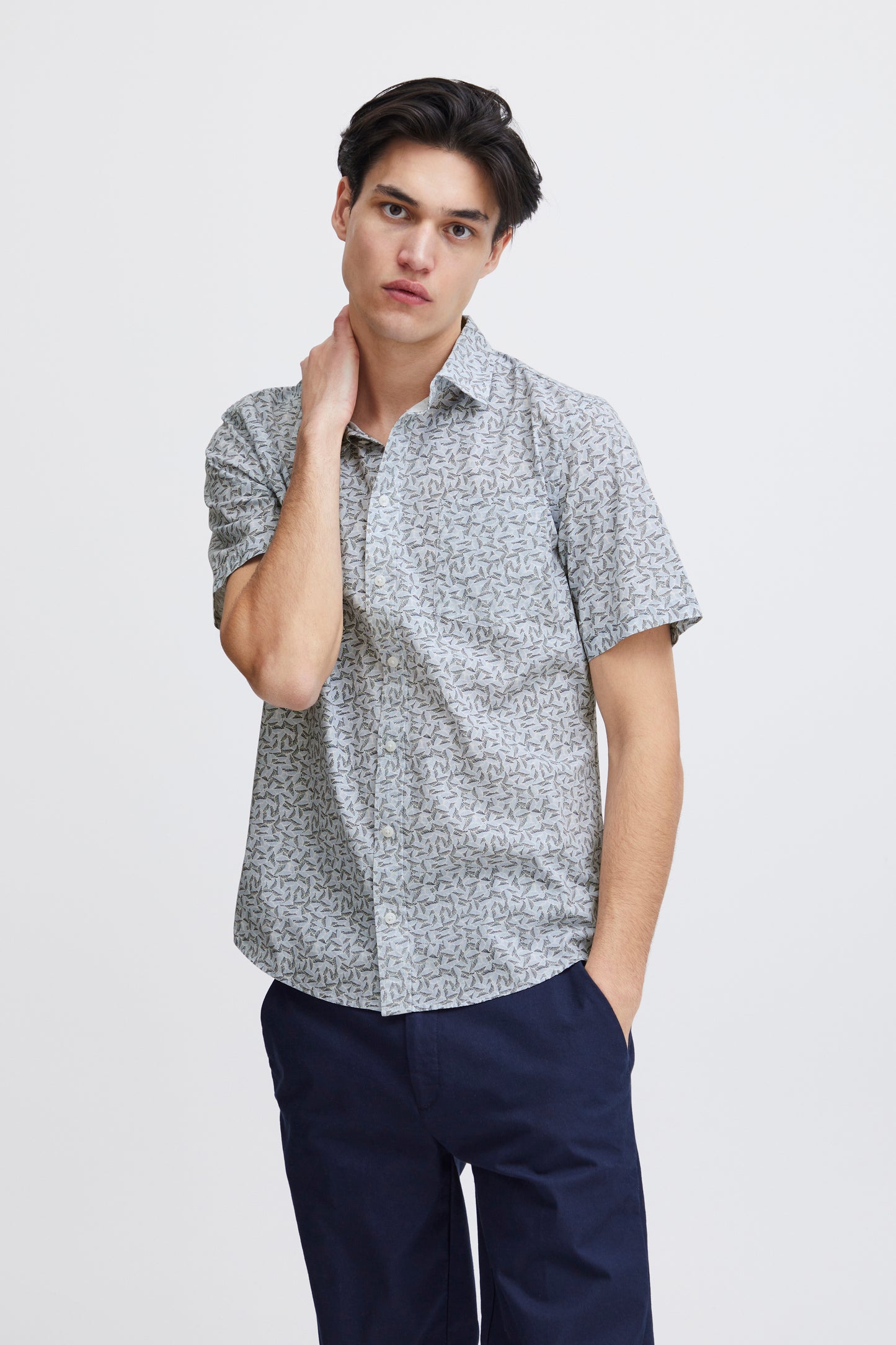 Leaf Print Pure Cotton Short Sleeve Shirt - Blue