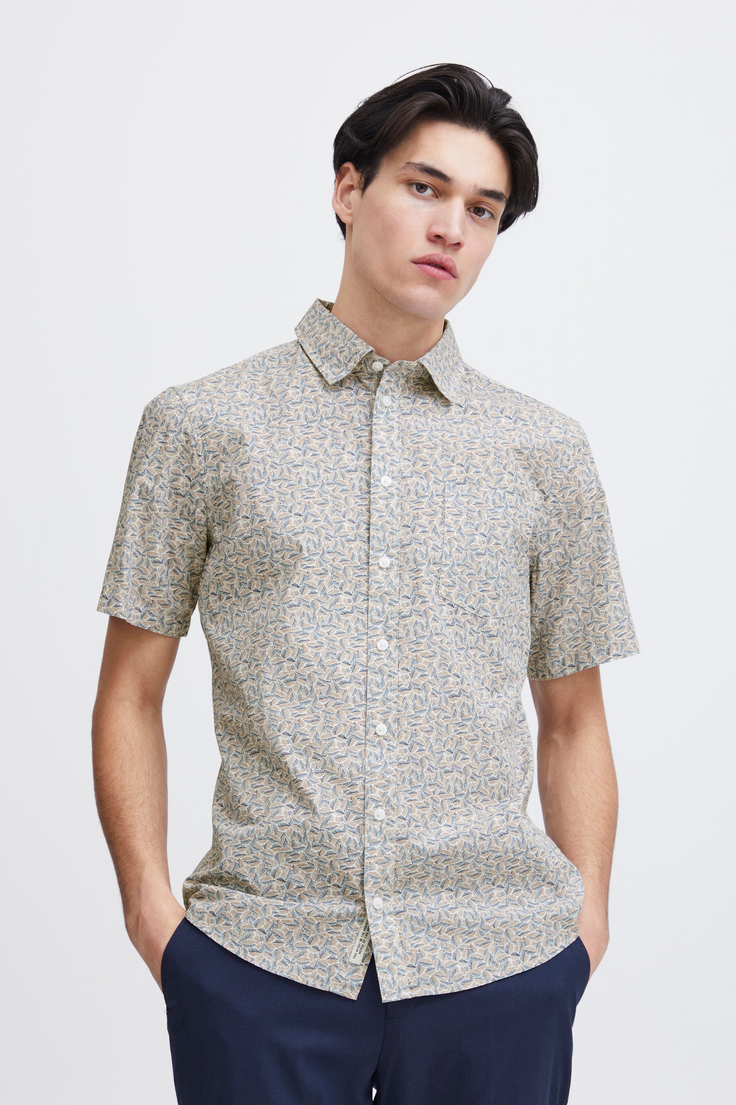 Leaf Print Pure Cotton Short Sleeve Shirt - Tan