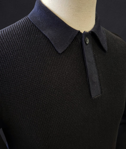 Waffle Knitted Long-Sleeve Polo - Dark Navy