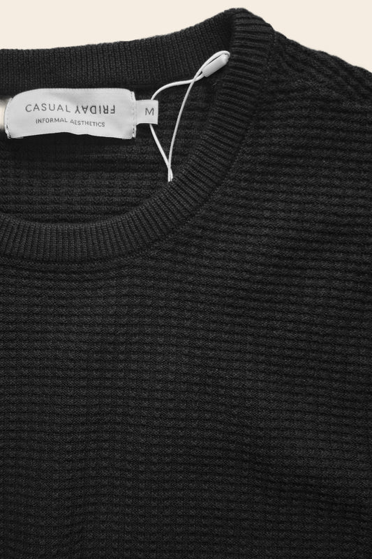 Classic Waffle Knit Cotton Crewneck Jumper - Black