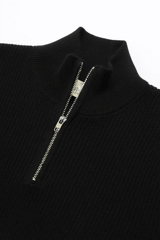 Cotton Ribbed Texture Quarter Zip Sweater - Black
