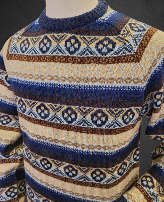 Wool-Blend Patterned Knitted Pullover - Blue and Beige