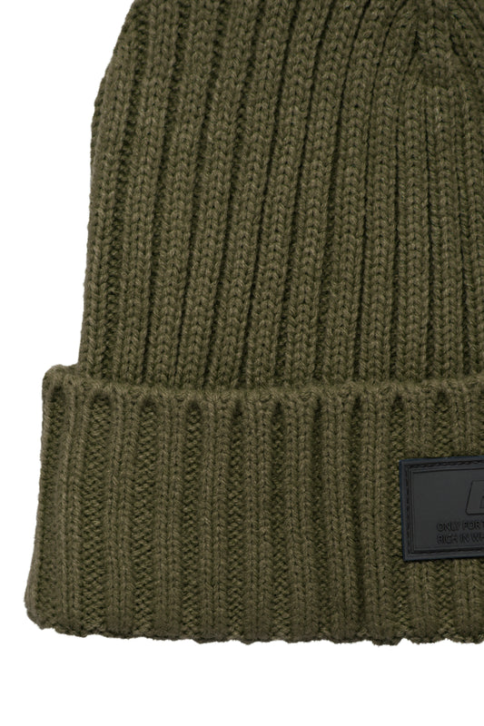 Cable-Knit Beanie Hat -Olive