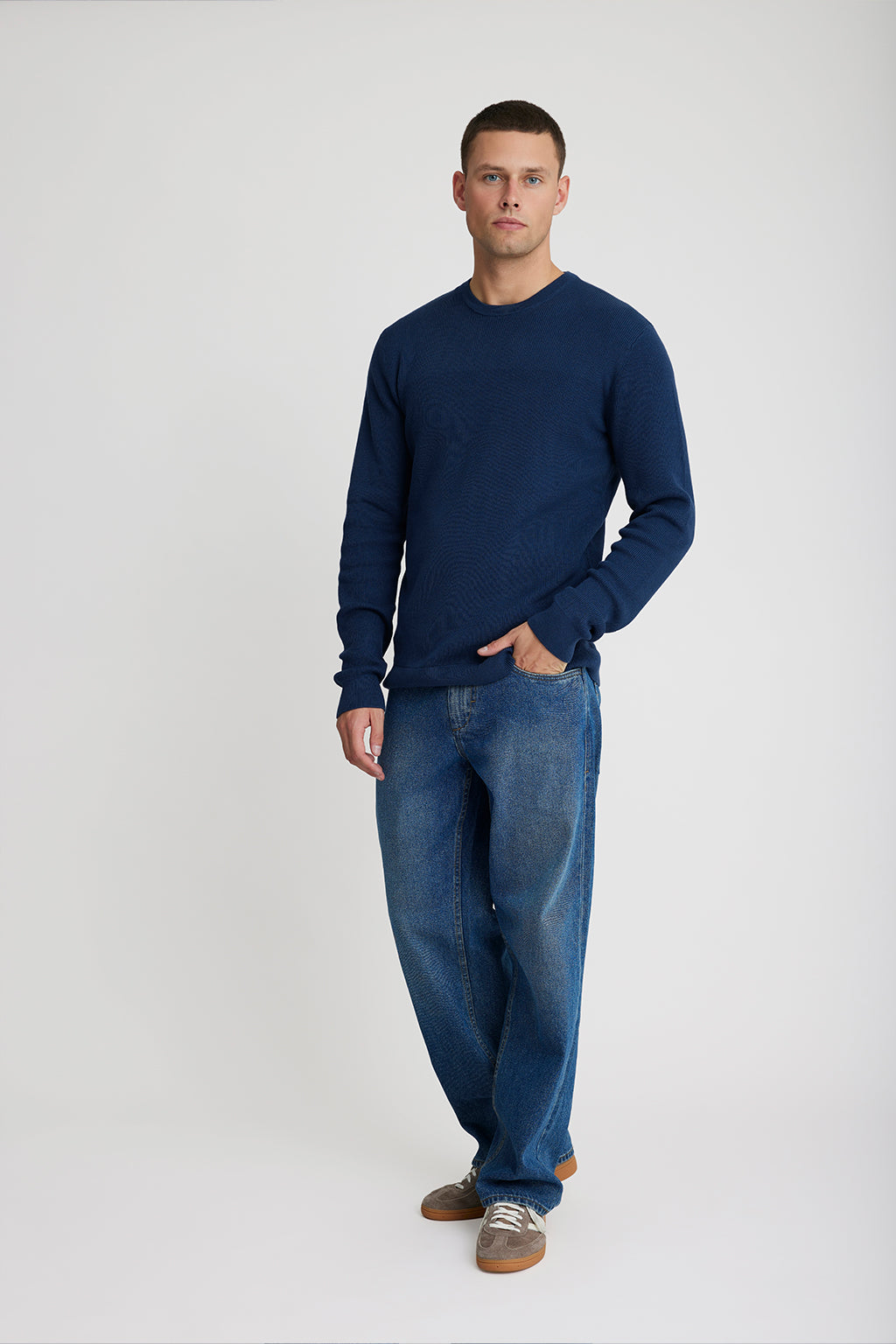 Soft Ribbed Cotton Blend Crewneck Jumper - Dress Blue