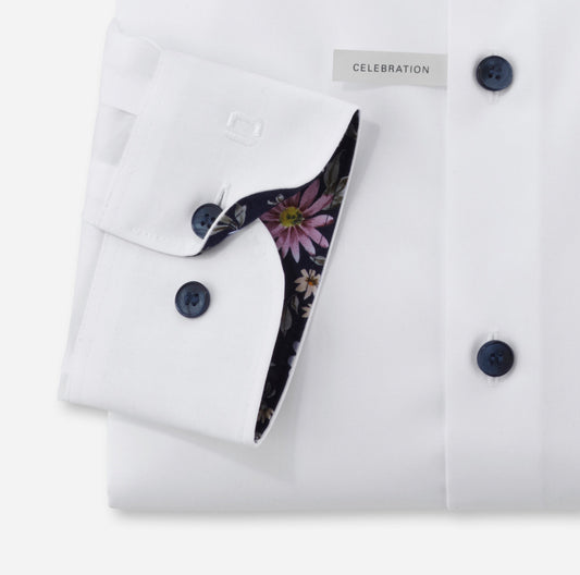 Olymp Luxor Body Fit - White Navy Floral Detail