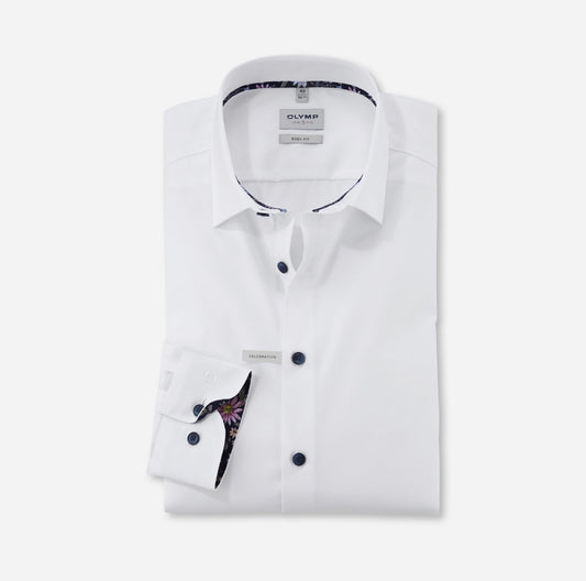 Olymp Luxor Body Fit - White Navy Floral Detail