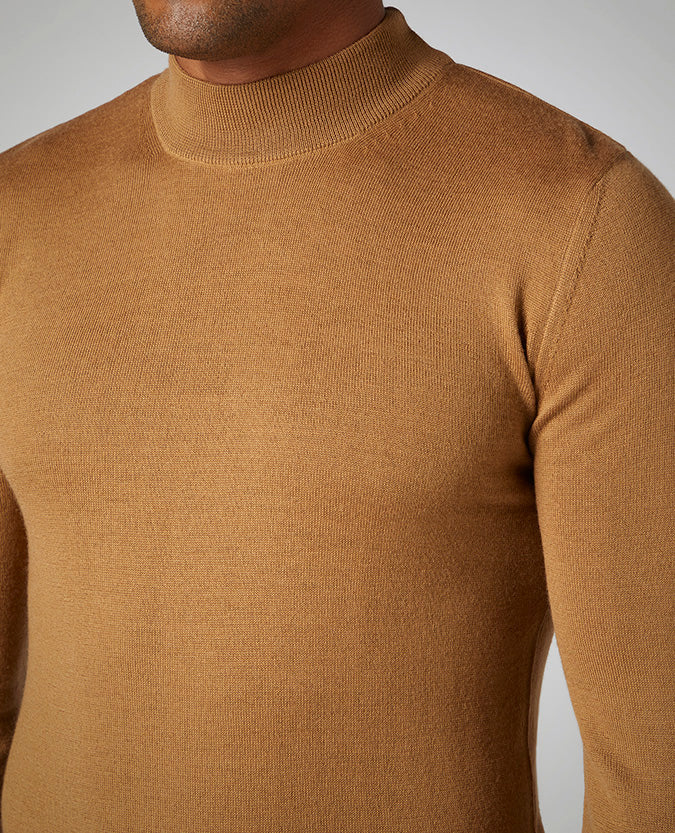 Slim Fit Merino Wool-Blend Turtle Neck Sweater - Camel