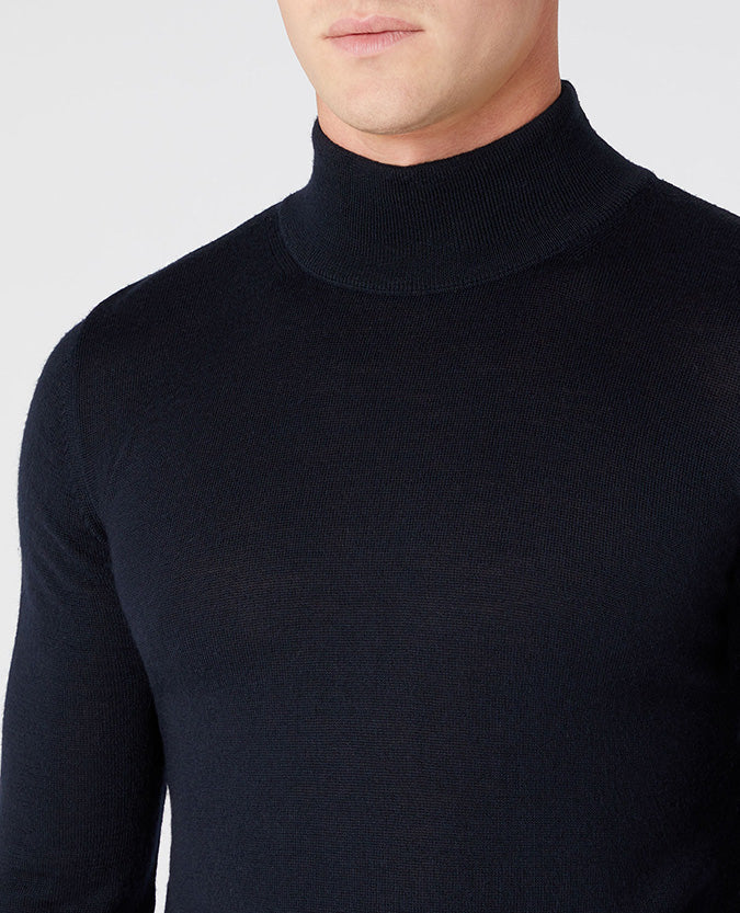 Slim Fit Merino Wool-Blend Turtle Neck Sweater - Navy