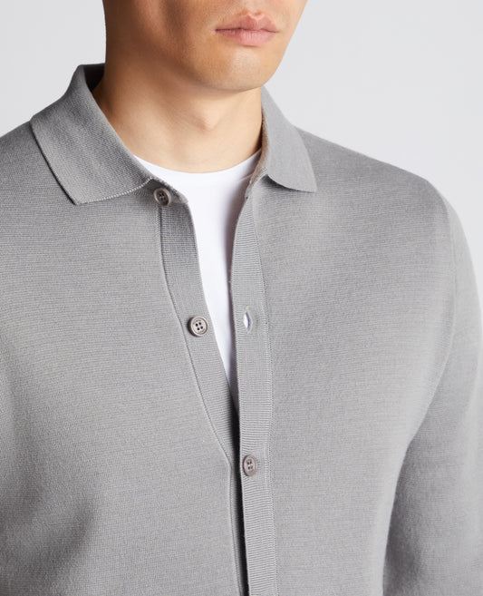 Long Sleeve Buttoned Polo Cardigan - Light Grey