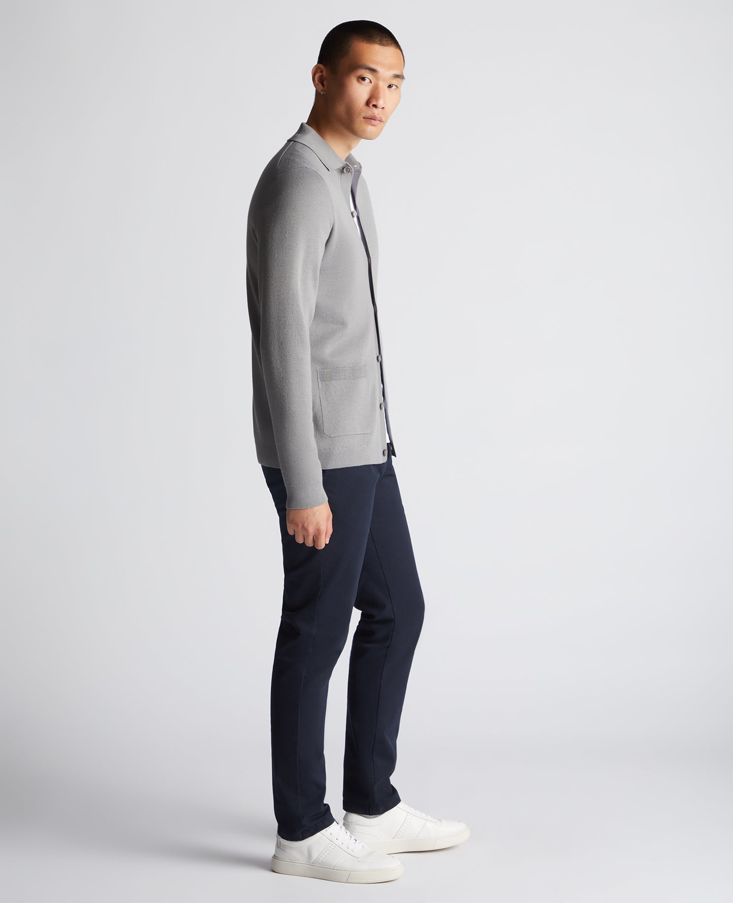 Long Sleeve Buttoned Polo Cardigan - Light Grey