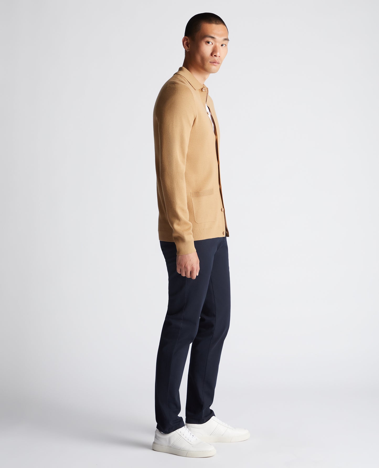 Long Sleeve Buttoned Polo Cardigan - Camel