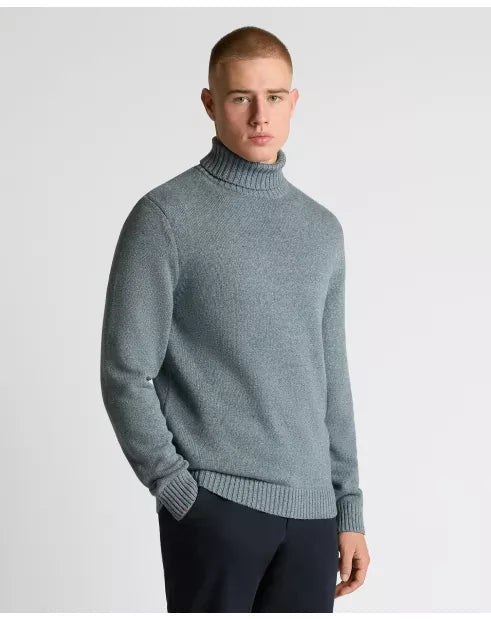 Roll Neck Cotton Knit Sweater - Blue