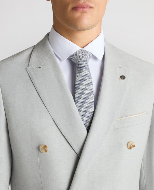 Double Breasted Slim Fit Linen-Blend Suit Jacket - Light Blue