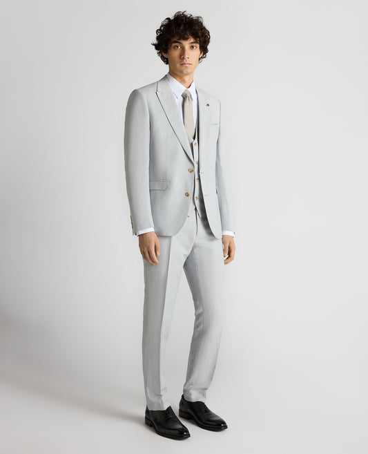 Tapered Fit Linen-Blend Suit Jacket - Light Blue